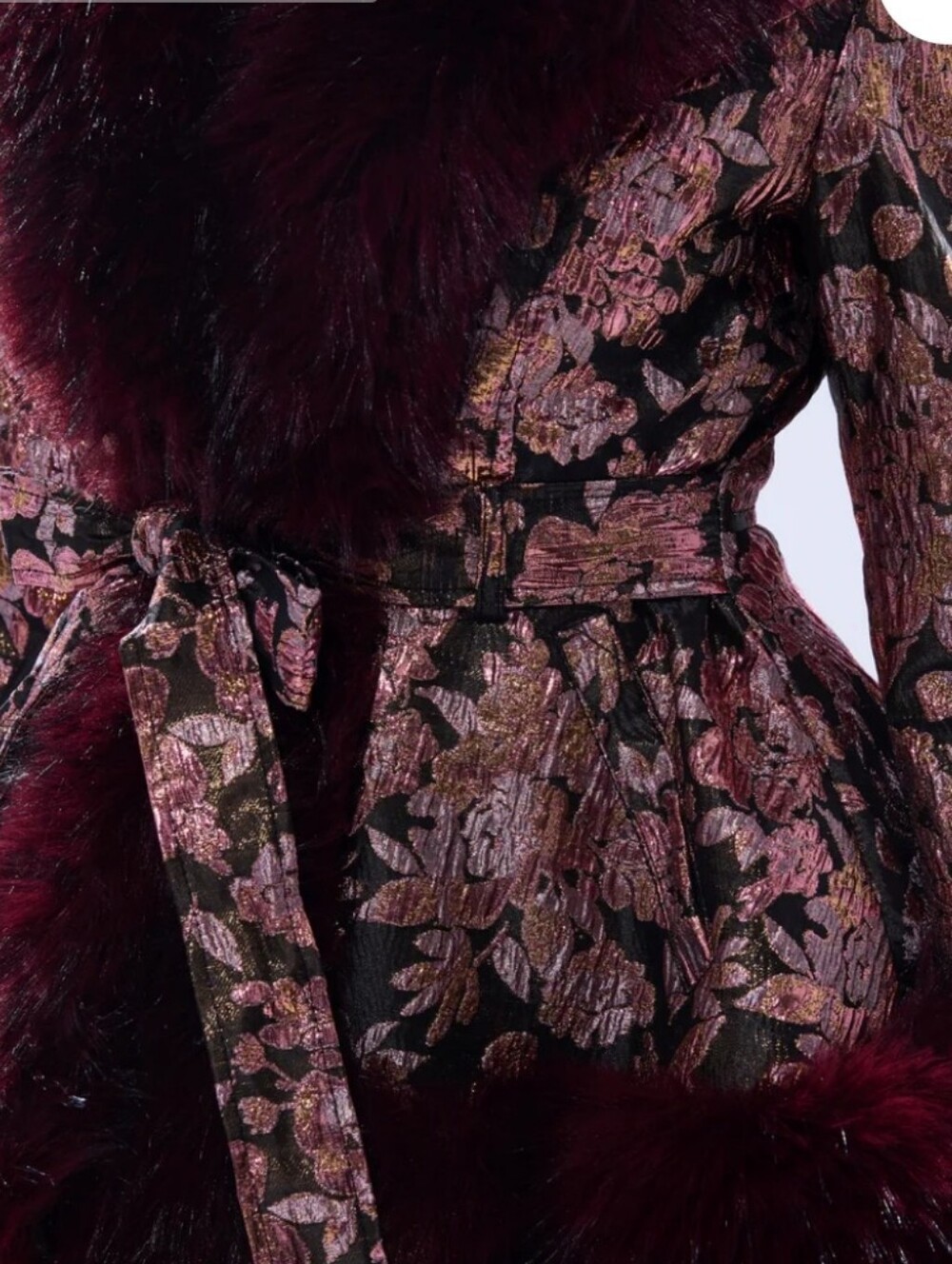 NWT AKIRA Burgundy+Pink Floral Jacquard Coat with Faux Fur Trim - Picture 5 of 9